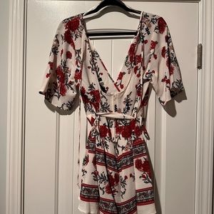 Floral short romper with tie front